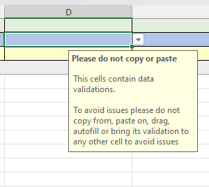 screenshot of Excel data validation input message alerting the user to not break the data validation on the Excel file