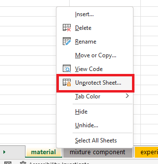 screenshot of an Excel sheet tab option of how to unprotect an Excel sheet