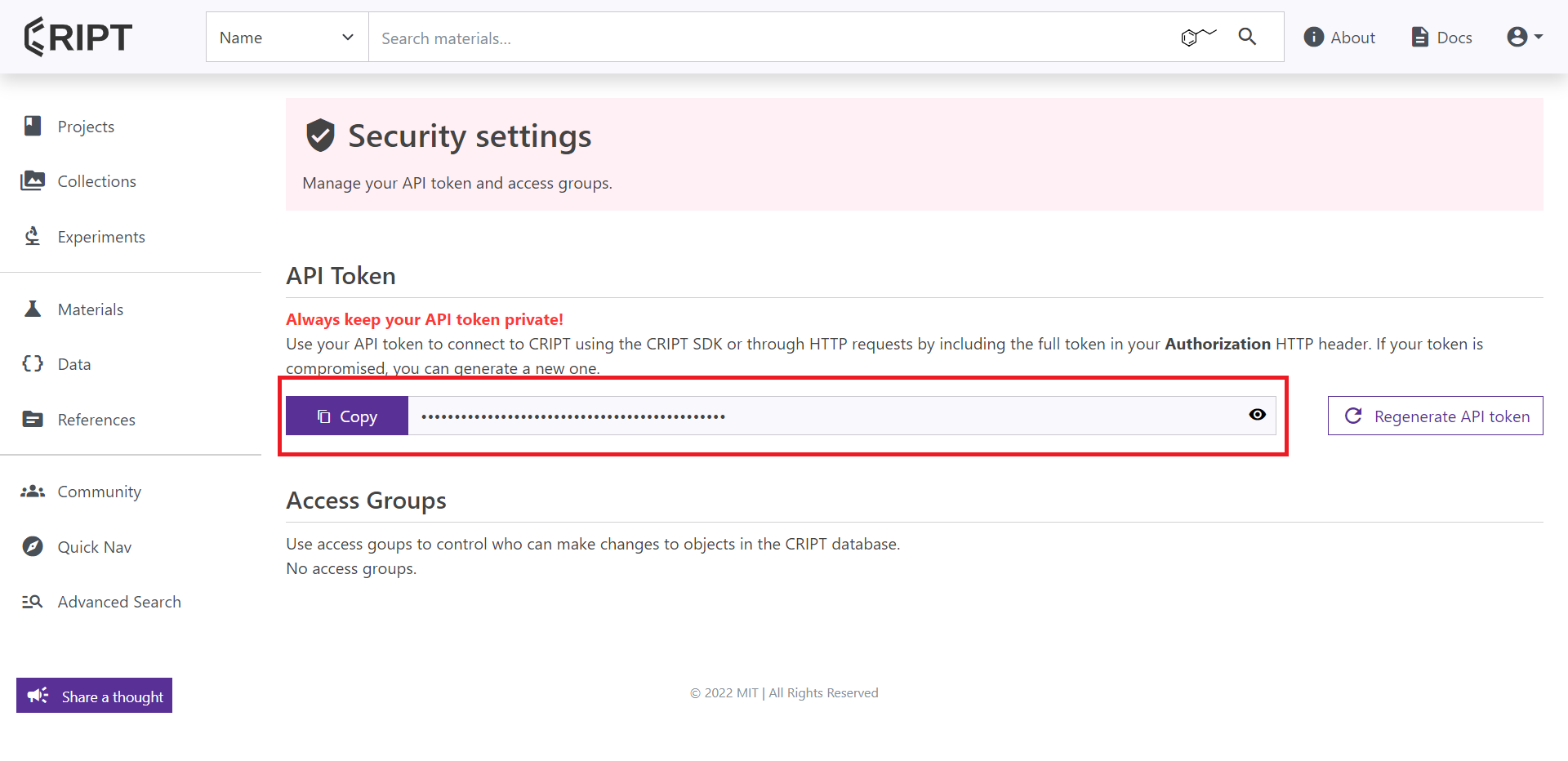 Screenshot of CRIPT security page where API token is found