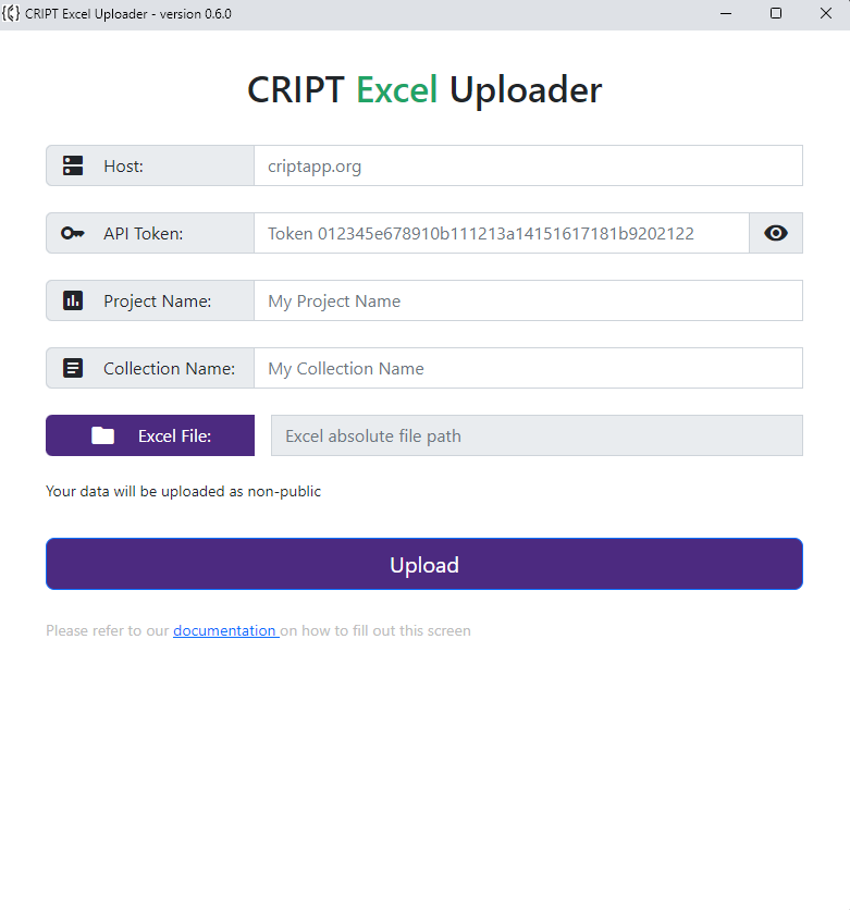 Screenshot of CRIPT Excel Uploader GUI first screen