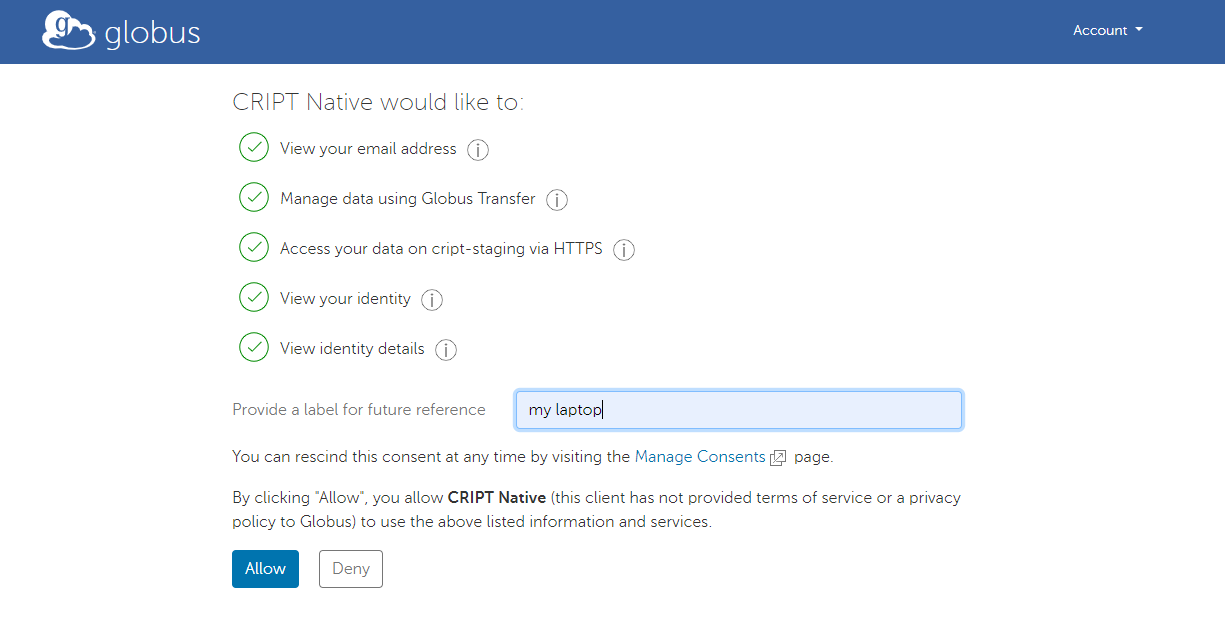 screenshot of the Globus Authentication screen